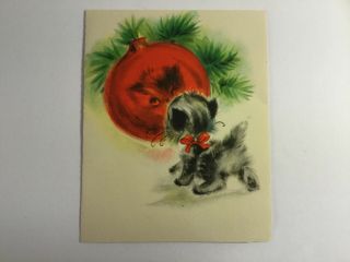 Vintage 50’s Hallmark Christmas Card,  Kitty Sees Reflection In Red Ornament