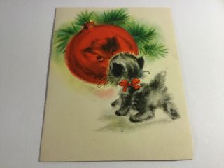 VINTAGE 50’S HALLMARK CHRISTMAS CARD,  KITTY SEES REFLECTION IN RED ORNAMENT 2