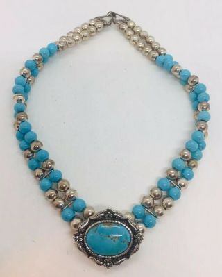 Carol Felley Southwestern Vintage Sterling Silver Blue Turquoise Beaded Necklace