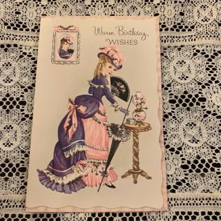 Vintage Greeting Card Birthday Pretty Girl Picture Lamp Glitter