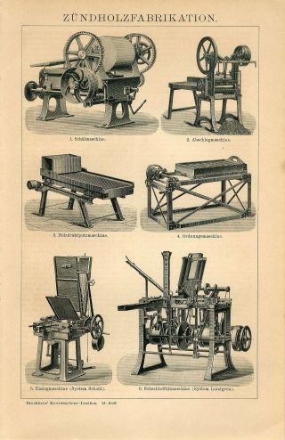 1894 Matches Match Machines Factory Antique Engraving Print