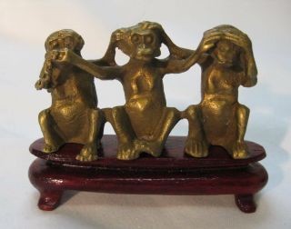 Heavy Vintage Solid Brass Chinese Figure Of The Wise Monkeys W/ Stand