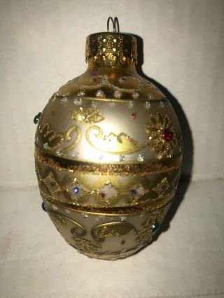 Glass Egg Christmas Ornament Rhinestone Design Gold And Glitter 3”
