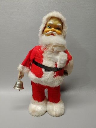 Vintage Wind Up Santa Claus Toy Rings Bell Christmas Felt Suit