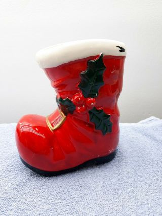 Vintage Lefton Ceramic Christmas Red Santa Boot Planter Candy Cane Holder