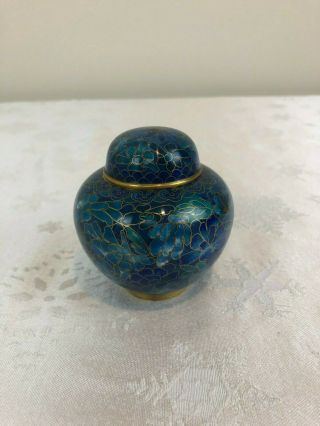 Cloisonne Enamel Gilt Brass Floral Lidded Jar Urn Blue Vase