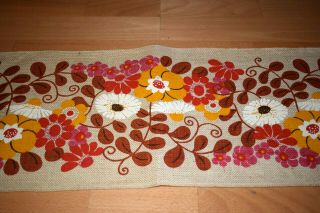 Vintage Scandinavian Table Runner Flower Floral Print Jute Burlap Mid - Century
