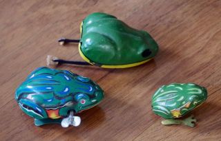 Vintage Tin Litho Toy Jumping Frog Us Zone Germany,  Japan,  China 3 Tin Frogs