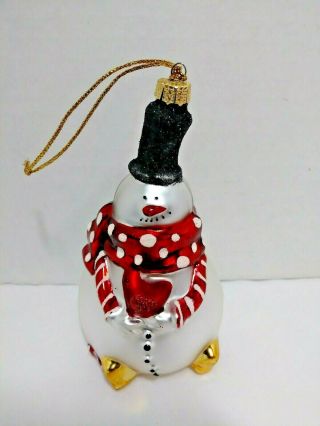 Snowman With Heart Ornament Blown Glass Glitter Top Hat 4.  5 "