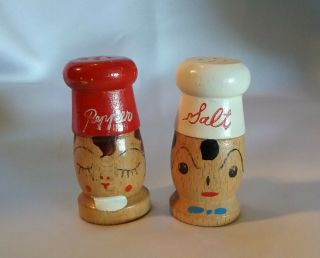 Vintage Salt And Pepper Shakers Wooden Boy Girl Hand Painted Faces Made Japan