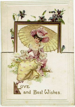 R Tuck Victorian Christmas Card Crinoline Lady Parasol Violet Flowers
