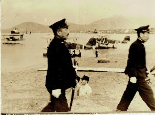 Ww2 Photograph Japanese Naval Officers With Swords Pass By Seaplanes