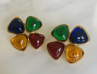 Vintage 1980s Chanel Designer Multicolor Gripoix Gold Plated Clip On Earrings