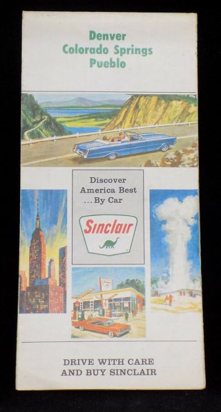 1967 Sinclair Gasoline Road Map Of Denver,  Colorado Springs,  Pueblo