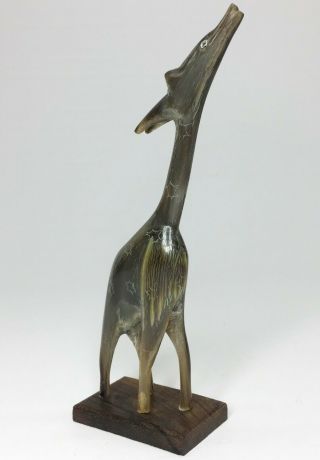 Vintage Carved Buffalo Horn Giraffe Figurine On A Rosewood Base