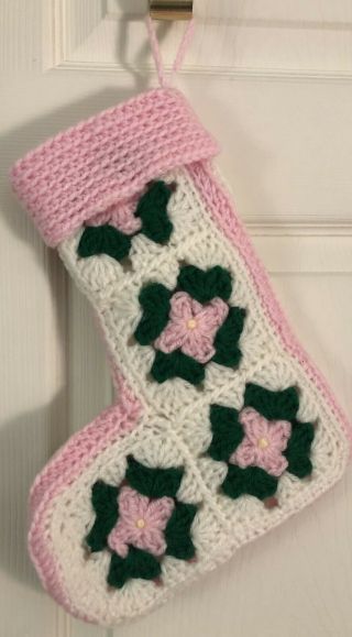 Vintage Crocheted Christmas Stocking Granny Square Baby Girl Pink