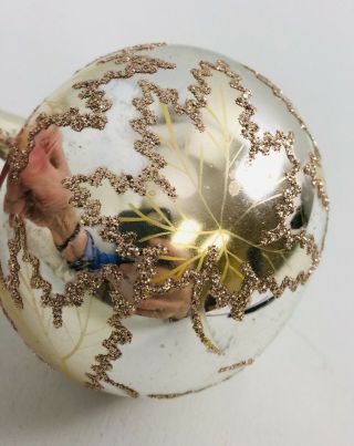 Vtg Christopher Radko Silver Ball With Glitter Leaves Christmas Ornament