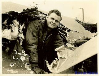 Org.  Photo: Us Airman Posed W/ B - 17 Bomber Wreckage; Poltawa,  Russia 1944