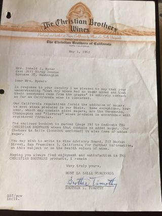 Vintage 1962 “ The Christian Brothers Wine” Napa California Letter