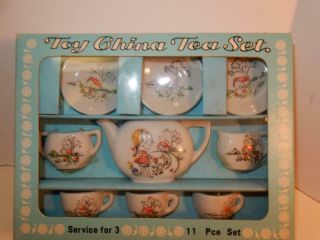 Vintage Tiny Toy China Tea Set Teapot Cups Japan Porcelain Play Doll Mib Box