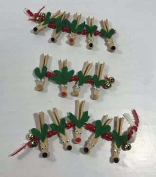 Handmade Vintage Wood Clothes Pin Reindeer Christmas Ornament Garland Holiday