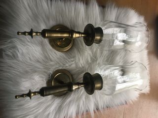 Vintage Brass/Glass Wall Sconce Candle Holders India Set 2 18” Tall 3