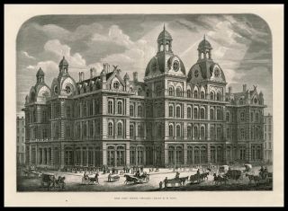 Post Office Chicago By H.  Lovie 1873 Antique Engraved Print