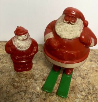 Vintage 2 Irwin Hard Plastic Santa Decoration Candy Containers Green Skis 1950’s