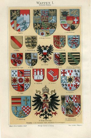 1895 Germany Heraldry German Coat Of Arms Antique Chromolithograph Print