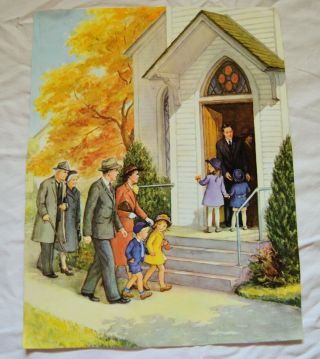 Vtg Mid - Century Sunday School Print Art Going To Church