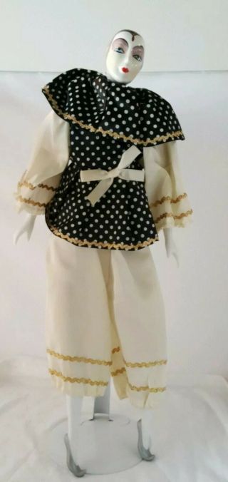 Vintage Porcelain Pierrot Clown Jester Doll Black And White Outfit Harlequin 18 "
