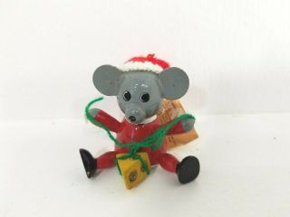 Vintage C R Dakin Wood Mouse Ornament 1980 Christmas Knit Hat Cheese With Tag