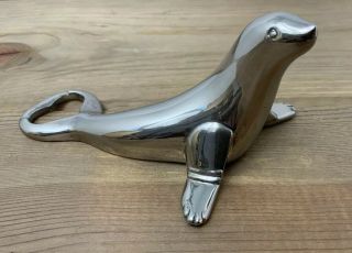 Vintage Figural Seal Sea Lion Bottle Opener Heavy Duty Metal Chrome 5” Long