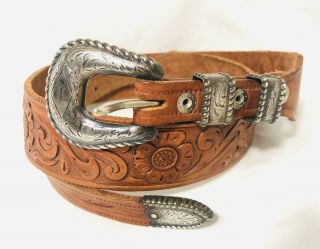 Vintage Edward H Bohlin Hollywood Sterling Silver Buckle Belt Leather Brown