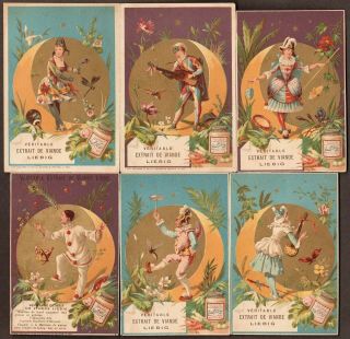 Liebig S - 148 " Harlequin Costumes " Full Set Of 6 Vintage Trade Cards 1883 French