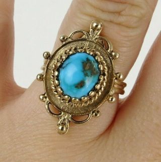 Vintage Fancy Etruscan Style 14k Yellow Gold Blue Turquoise 6.  2 Gram Ring Sz 6