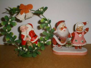Vintage 1960s Dancing Pose Santa & Mrs.  Claus Mistletoe Plastic Xmas Decoration