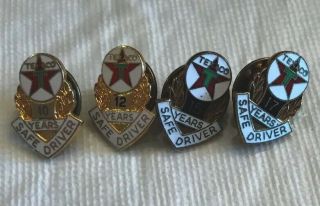 4 Texaco Safe Driver Award Pins (10,  12,  15,  17 Years).  Vintage Gas And Oil.