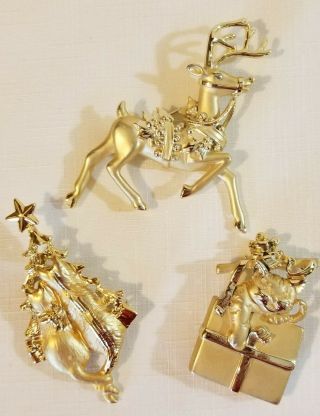 3 Vintage Extra - Large Christmas Brooches Holiday Pins Cats Tree Reindeer