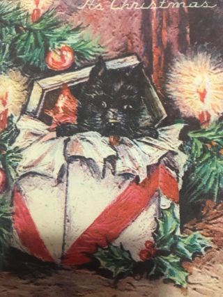 Vintage Christmas Card Art Deco Era Black Scottie Dog Scottish Terrier Candles