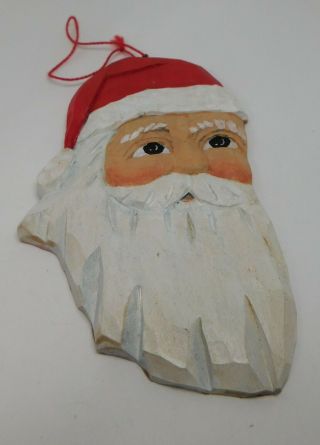 Hand Crafted Folk Art Wood Carved Santa Claus Head Christmas Ornament