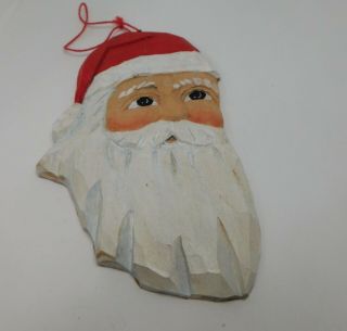Hand Crafted Folk Art Wood Carved Santa Claus Head Christmas Ornament 2