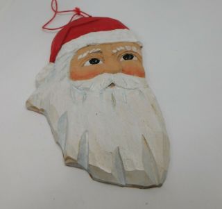 Hand Crafted Folk Art Wood Carved Santa Claus Head Christmas Ornament 3