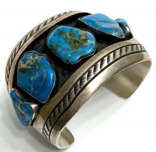 Large Vintage Pawn Navajo Sterling Silver Turquoise Shadow Box Cuff Heavy Signed