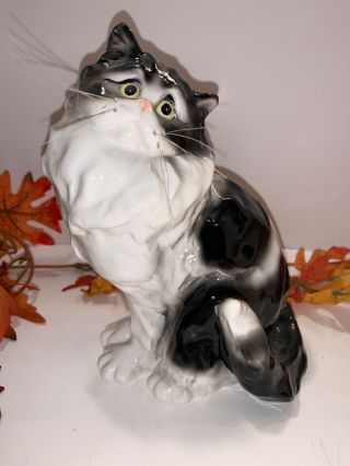 Vintage White Cat Large Ceramic Figurine Black/white Spots Plastic Whiskers Cute
