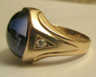Vintage 14K Gold Men ' s Diamond & Sapphire Ring Dia=.  10 F - VS2 Size 9.  50 3