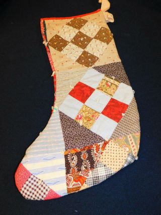 Primitive Handmade Antique Vintage Cutter Quilt Christmas Stocking 18 " Red Brown