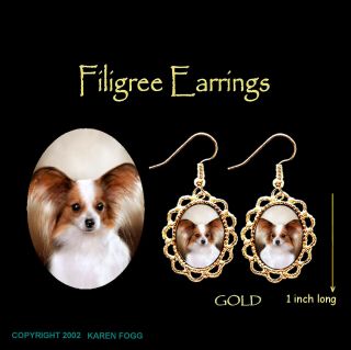 Papillion Dog Red White - Gold Filigree Earrings Jewelry