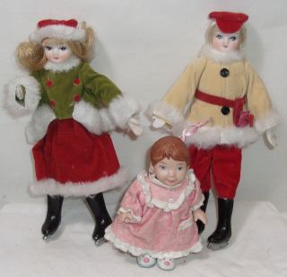 3 Porcelain Doll Ornaments - Victorian Girls Skating & Baby With Bunny Slippers