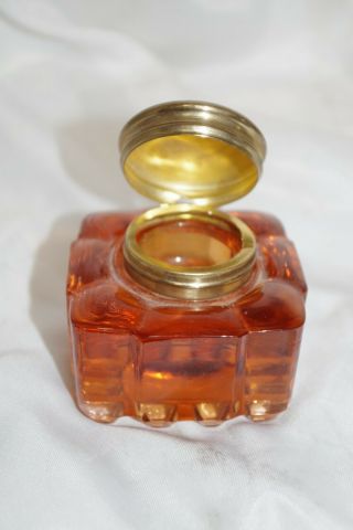 Vintage Art Deco Amber Cut Glass Inkwell Brass Lid
